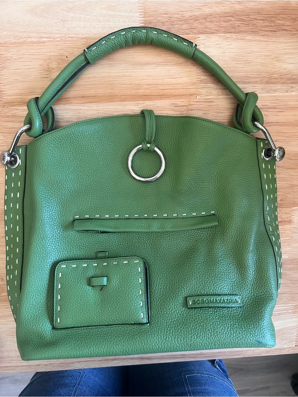 BCBGMaxAzria Green Pebbled Leather Shoulder Bag with Silver Ring